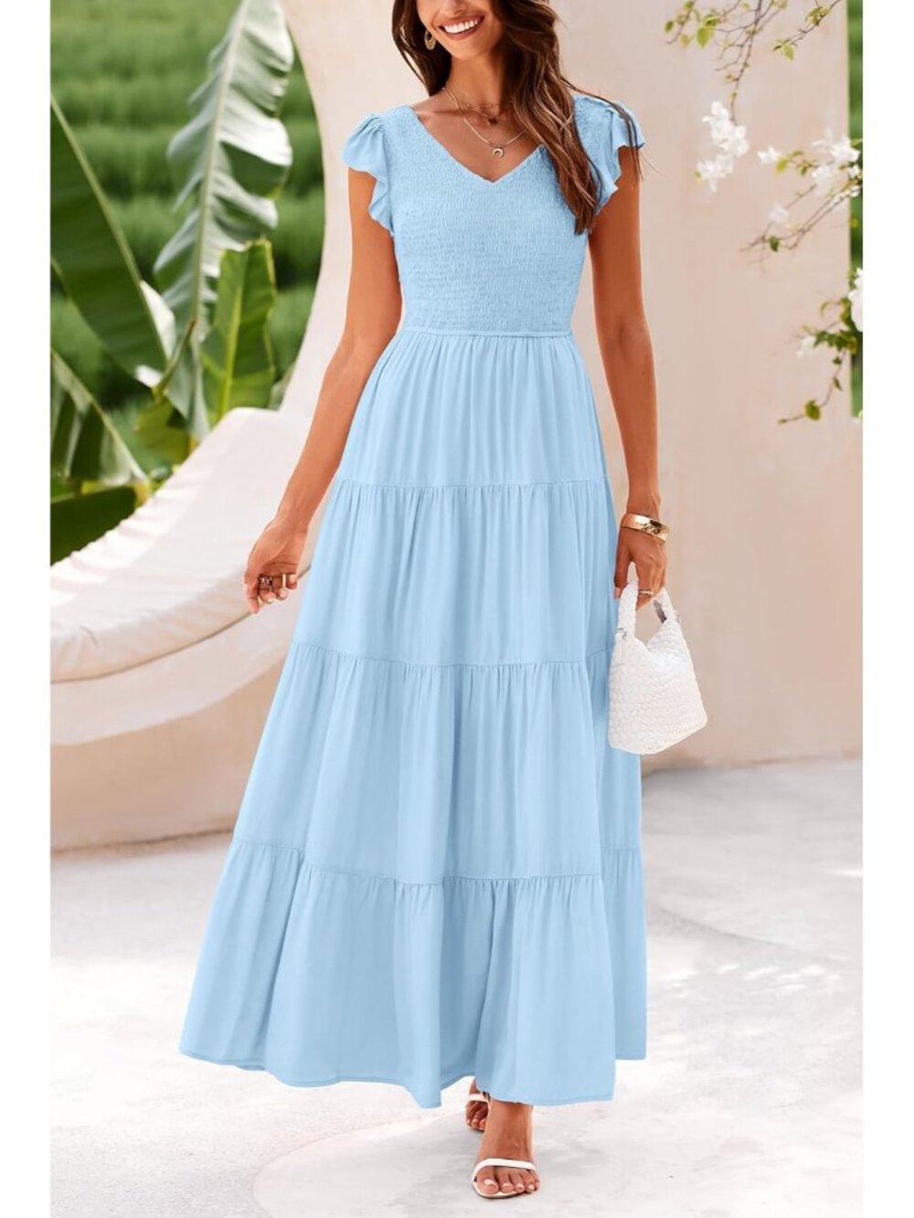 Women's Light Blue Summer Maxi Dress Casual Cap Sleeve V Neck Smocked Beach - Picture 3 of 6